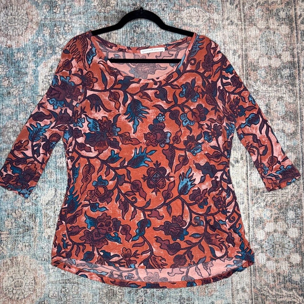 Peruvian Connection Terracotta and‎ Teal Floral Blouse 100% Pima Cotton M